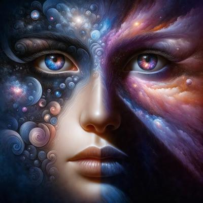 The primary subject of the image is a woman with two faces, one blue and one purple. The setting is a space background, with a purple and blue color scheme. The visual style is digital art, and the overall atmosphere is surreal and dreamy.